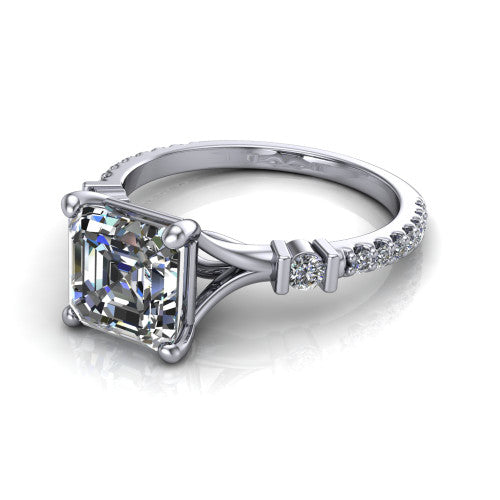 Arabella square emerald solitaire engagement ring in 14K White Gold, three-quarter perspective showing the square emerald center diamond above a pave band with bezel-set shoulder accents