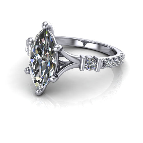 Arabella marquise solitaire engagement ring in 18K White Gold, three-quarter perspective showing the marquise center diamond above a pave band with bezel-set shoulder accents