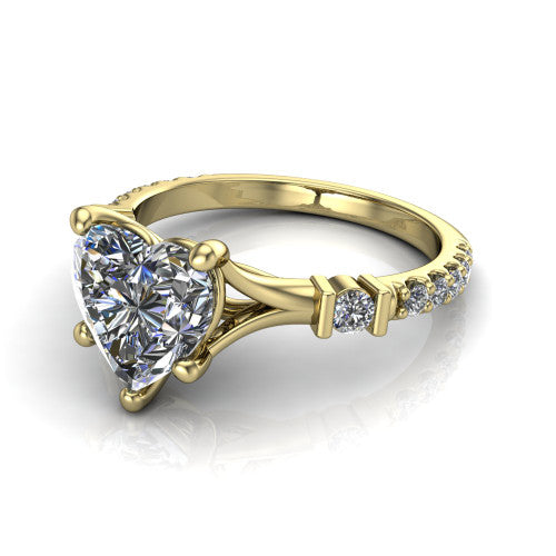 Arabella heart solitaire engagement ring in 14K Yellow Gold, three-quarter perspective showing the heart center diamond above a pave band with bezel-set shoulder accents