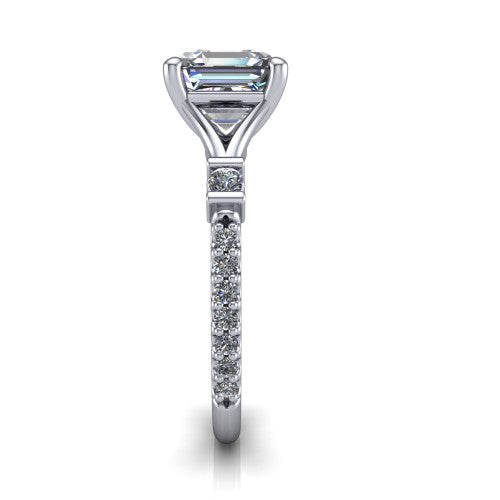 Arabella square emerald solitaire engagement ring in 14K White Gold, side profile showing the bezel-set square accents and pave band