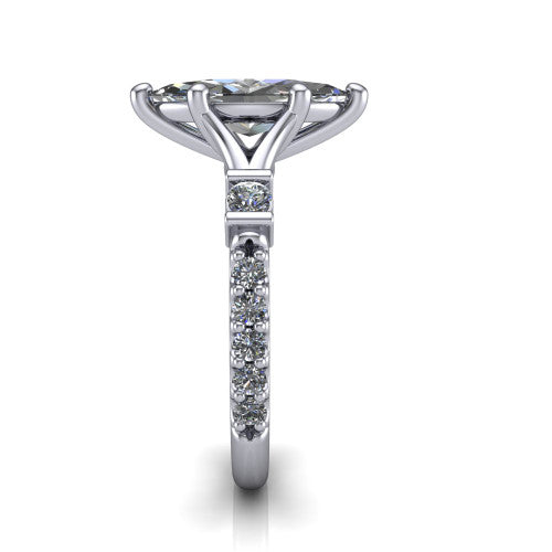 Arabella marquise solitaire engagement ring in 14K White Gold, side profile showing the bezel-set square accents and pave band