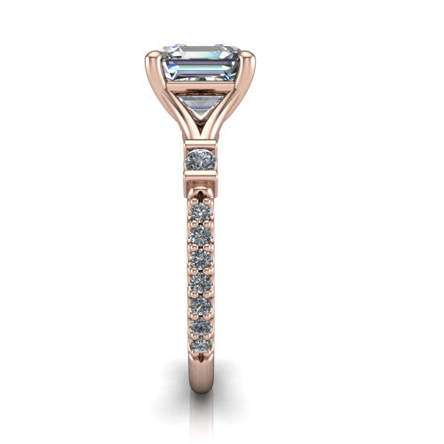 Arabella square emerald solitaire engagement ring in 18K Rose Gold, side profile showing the bezel-set square accents and pave band