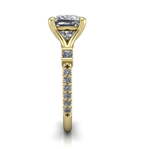 Arabella cushion solitaire engagement ring in 14K Yellow Gold, side profile showing the bezel-set square accents and pave band