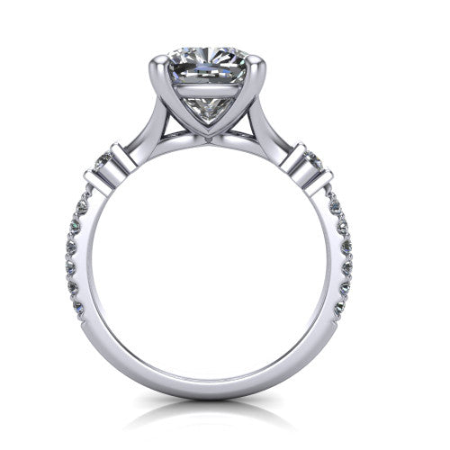 Arabella cushion solitaire engagement ring in 14K White Gold, through-finger front profile showing the split cathedral basket