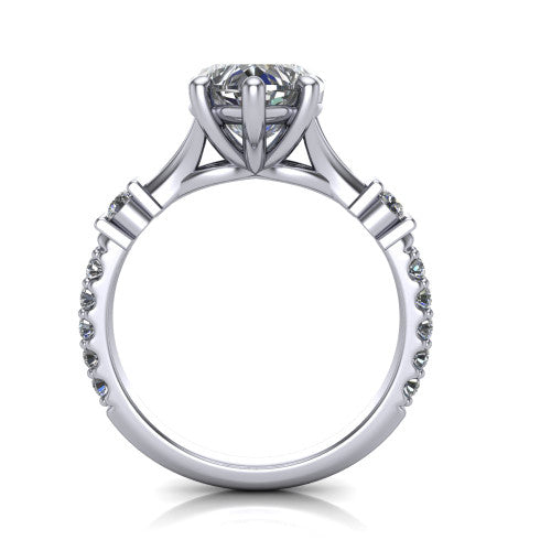 Arabella heart solitaire engagement ring in 18K White Gold, through-finger front profile showing the split cathedral basket