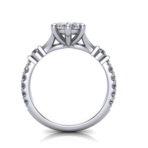 Arabella marquise solitaire engagement ring in Platinum, through-finger front profile showing the split cathedral basket