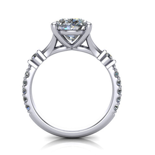 Arabella oval solitaire engagement ring in 14K White Gold, through-finger front profile showing the split cathedral basket