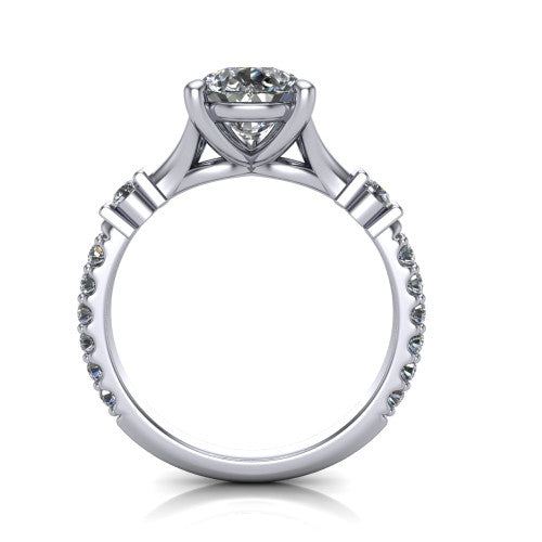 Arabella pear solitaire engagement ring in 18K White Gold, through-finger front profile showing the split cathedral basket