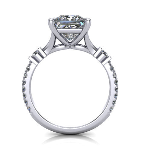 Arabella princess solitaire engagement ring in 14K White Gold, through-finger front profile showing the split cathedral basket