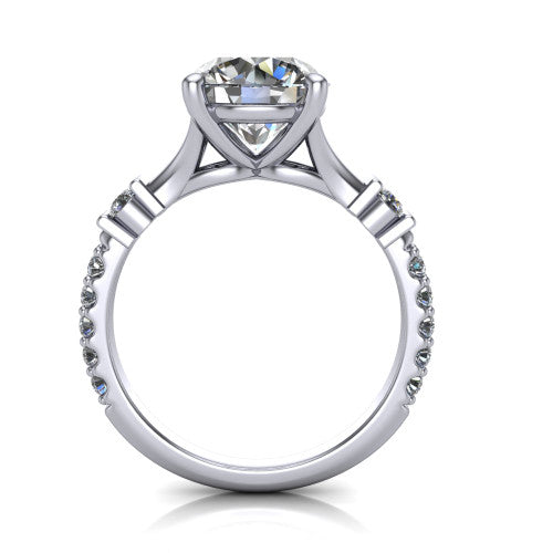 Arabella round solitaire engagement ring in 18K White Gold, through-finger front profile showing the split cathedral basket