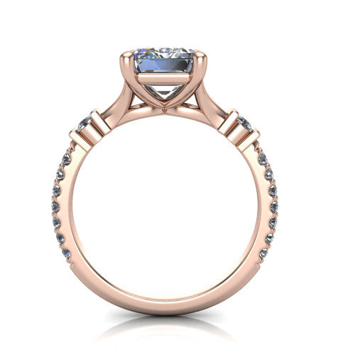 Arabella emerald solitaire engagement ring in 18K Rose Gold, through-finger front profile showing the split cathedral basket