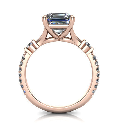 Arabella square emerald solitaire engagement ring in 18K Rose Gold, through-finger front profile showing the split cathedral basket