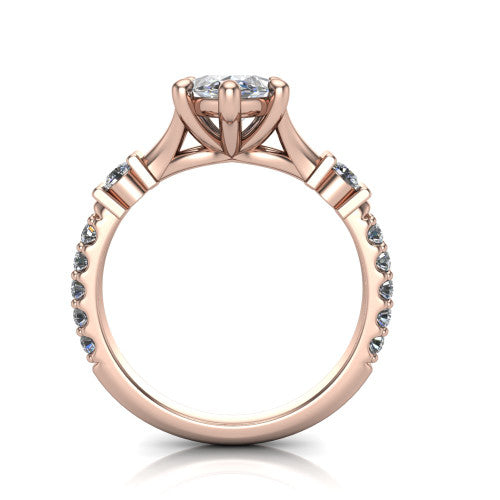 Arabella marquise solitaire engagement ring in 14K Rose Gold, through-finger front profile showing the split cathedral basket