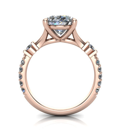Arabella oval solitaire engagement ring in 14K Rose Gold, through-finger front profile showing the split cathedral basket