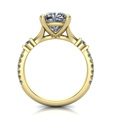Arabella cushion solitaire engagement ring in 14K Yellow Gold, through-finger front profile showing the split cathedral basket