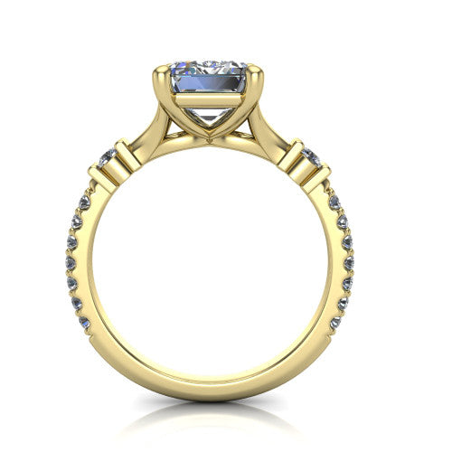 Arabella emerald solitaire engagement ring in 18K Yellow Gold, through-finger front profile showing the split cathedral basket