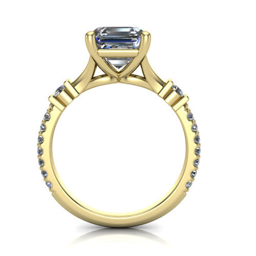 Arabella square emerald solitaire engagement ring in 14K Yellow Gold, through-finger front profile showing the split cathedral basket
