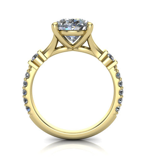 Arabella oval solitaire engagement ring in 14K Yellow Gold, through-finger front profile showing the split cathedral basket