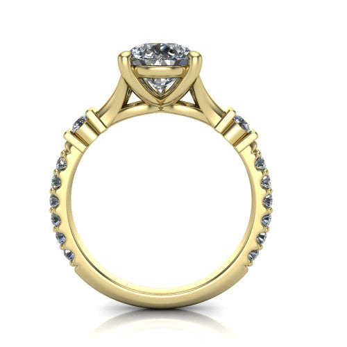 Arabella pear solitaire engagement ring in 18K Yellow Gold, through-finger front profile showing the split cathedral basket