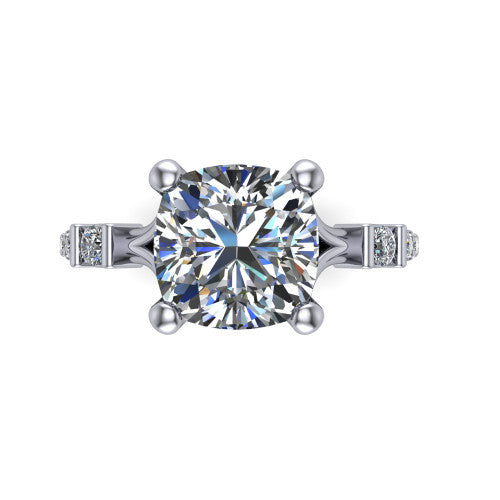 Arabella cushion solitaire engagement ring in Platinum, top-down view showing the four-prong cushion center diamond and shoulder accents