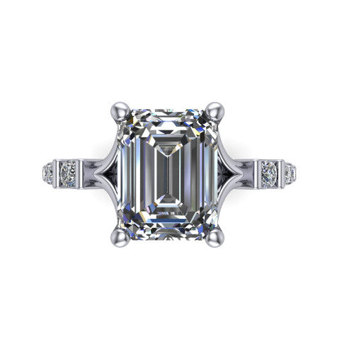 Arabella emerald solitaire engagement ring in Platinum, top-down view showing the four-prong emerald center diamond and shoulder accents