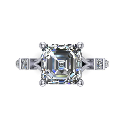 Arabella square emerald solitaire engagement ring in Platinum, top-down view showing the four-prong square emerald center diamond and shoulder accents