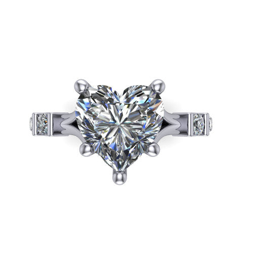 Arabella heart solitaire engagement ring in 18K White Gold, top-down view showing the four-prong heart center diamond and shoulder accents