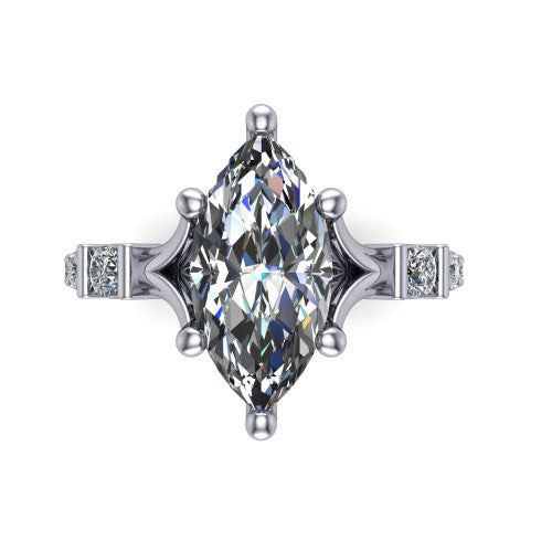 Arabella marquise solitaire engagement ring in 18K White Gold, top-down view showing the four-prong marquise center diamond and shoulder accents