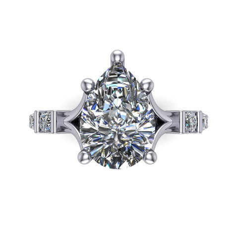 Arabella pear solitaire engagement ring in 14K White Gold, top-down view showing the four-prong pear center diamond and shoulder accents