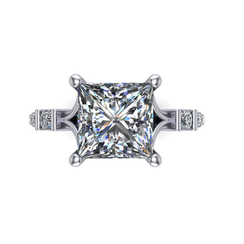 Arabella princess solitaire engagement ring in 18K White Gold, top-down view showing the four-prong princess center diamond and shoulder accents