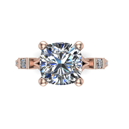Arabella cushion solitaire engagement ring in 18K Rose Gold, top-down view showing the four-prong cushion center diamond and shoulder accents