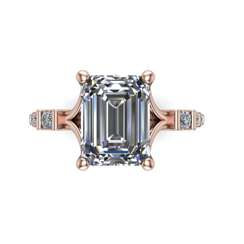 Arabella emerald solitaire engagement ring in 18K Rose Gold, top-down view showing the four-prong emerald center diamond and shoulder accents