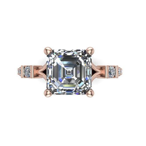 Arabella square emerald solitaire engagement ring in 18K Rose Gold, top-down view showing the four-prong square emerald center diamond and shoulder accents