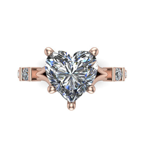 Arabella heart solitaire engagement ring in 14K Rose Gold, top-down view showing the four-prong heart center diamond and shoulder accents