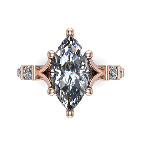 Arabella marquise solitaire engagement ring in 18K Rose Gold, top-down view showing the four-prong marquise center diamond and shoulder accents