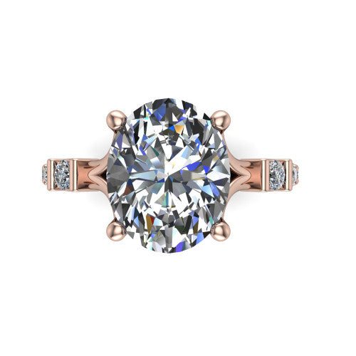 Arabella oval solitaire engagement ring in 14K Rose Gold, top-down view showing the four-prong oval center diamond and shoulder accents