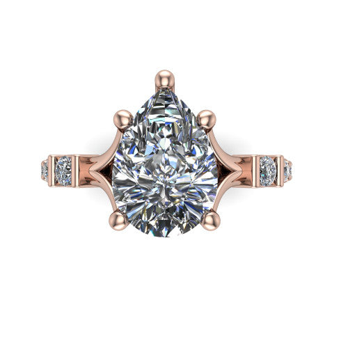 Arabella pear solitaire engagement ring in 14K Rose Gold, top-down view showing the four-prong pear center diamond and shoulder accents
