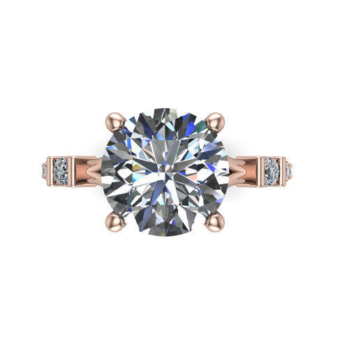 Arabella round solitaire engagement ring in 18K Rose Gold, top-down view showing the four-prong round center diamond and shoulder accents