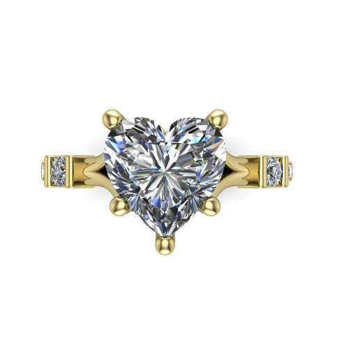 Arabella heart solitaire engagement ring in 14K Yellow Gold, top-down view showing the four-prong heart center diamond and shoulder accents