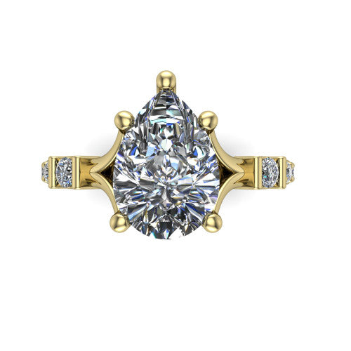 Arabella pear solitaire engagement ring in 18K Yellow Gold, top-down view showing the four-prong pear center diamond and shoulder accents