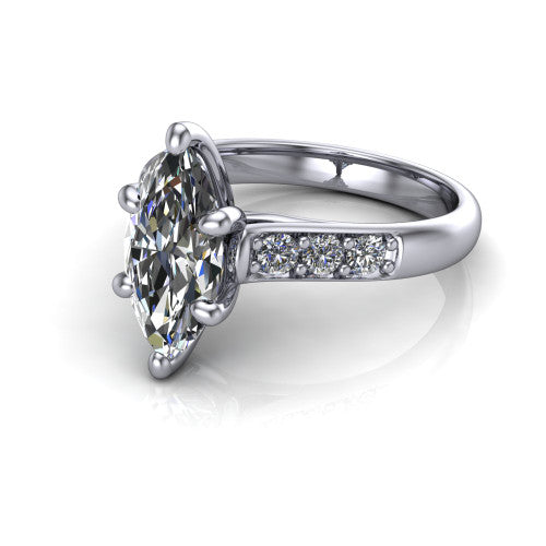 Nena marquise solitaire engagement ring in Platinum, three-quarter perspective showing the marquise center diamond above channel-set shoulders