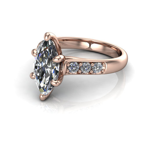 Nena marquise solitaire engagement ring in 14K Rose Gold, three-quarter perspective showing the marquise center diamond above channel-set shoulders