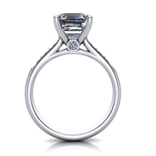 Nena square emerald solitaire engagement ring in 18K White Gold, through-finger front profile showing the bezel gallery accent