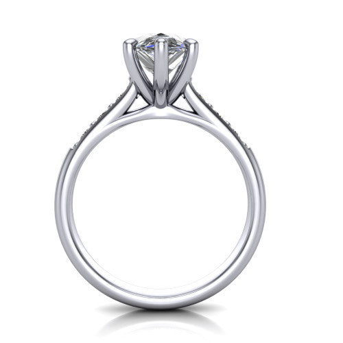 Nena pear solitaire engagement ring in Platinum, through-finger front profile showing the bezel gallery accent