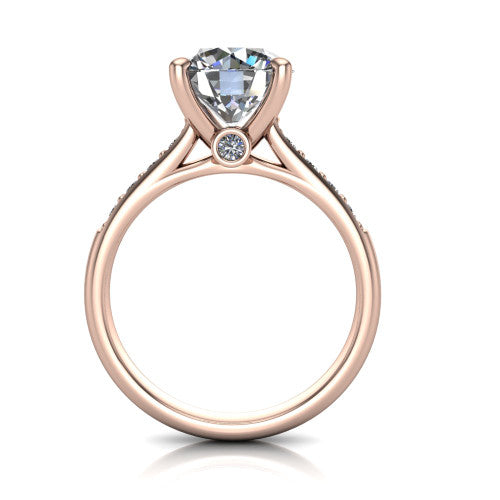 Nena round solitaire engagement ring in 18K Rose Gold, through-finger front profile showing the bezel gallery accent