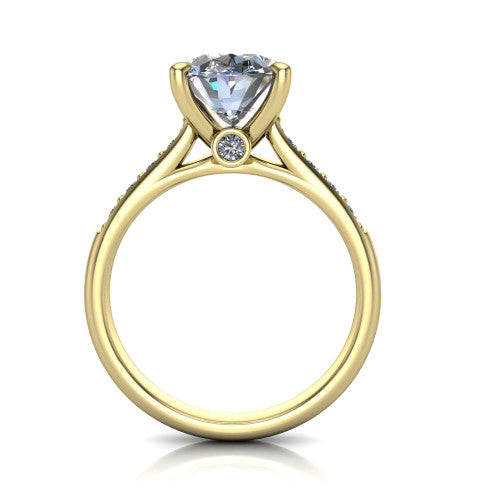 Nena oval solitaire engagement ring in 14K Yellow Gold, through-finger front profile showing the bezel gallery accent