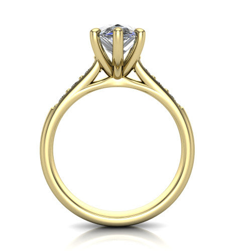 Nena pear solitaire engagement ring in 14K Yellow Gold, through-finger front profile showing the bezel gallery accent