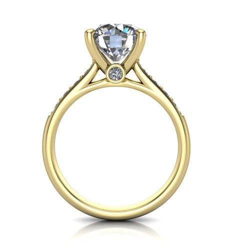 Nena round solitaire engagement ring in 18K Yellow Gold, through-finger front profile showing the bezel gallery accent