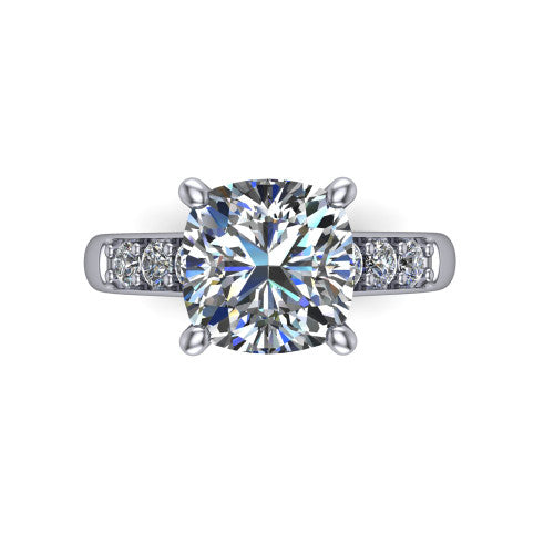 Nena cushion solitaire engagement ring in 14K White Gold, top-down view showing the four-prong cushion center diamond and channel-set shoulders