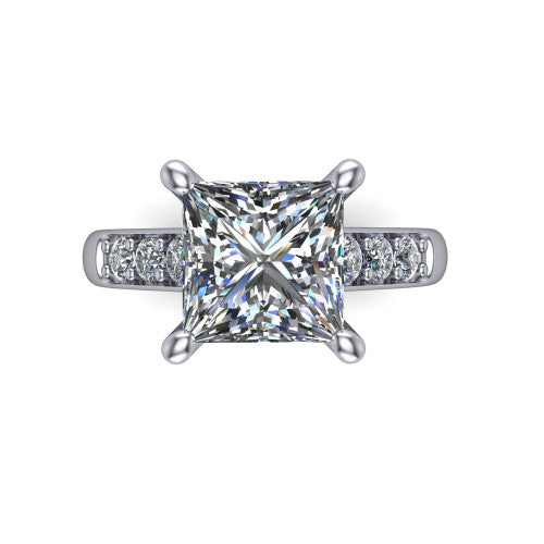 Nena princess solitaire engagement ring in Platinum, top-down view showing the four-prong princess center diamond and channel-set shoulders